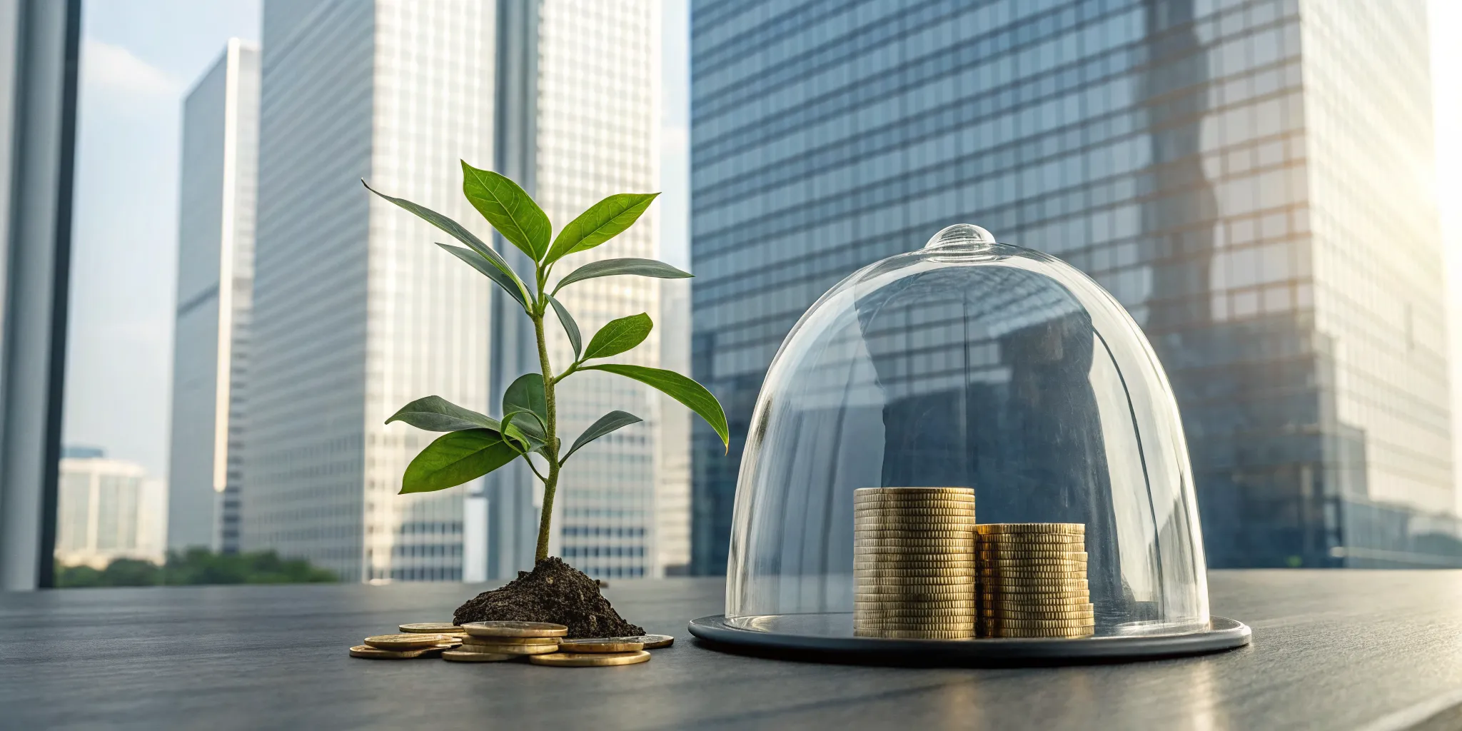A growing plant and stacked coins protected under a glass dome for maximum overfunded life insurance.