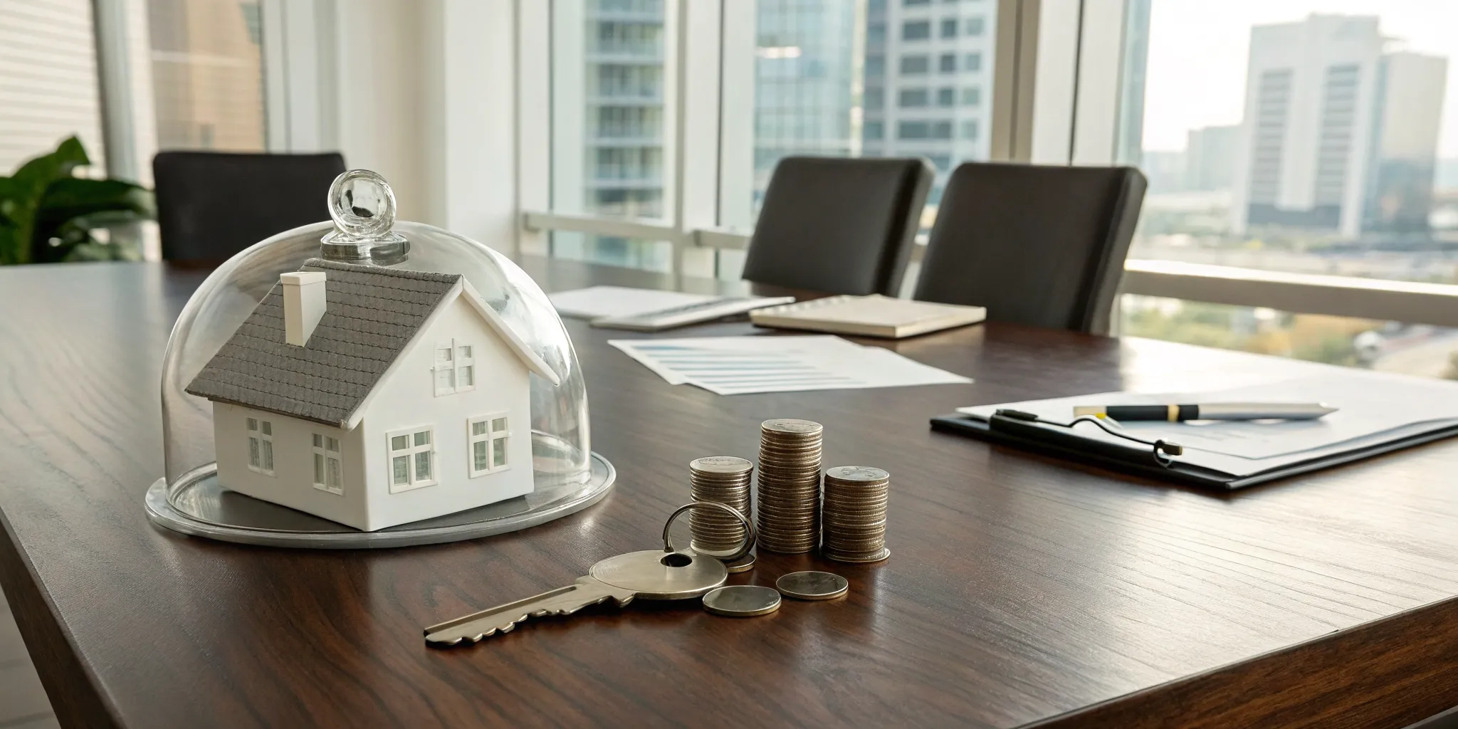 A key, stacked coins, and a protected model house for tax-efficient inheritance strategies.