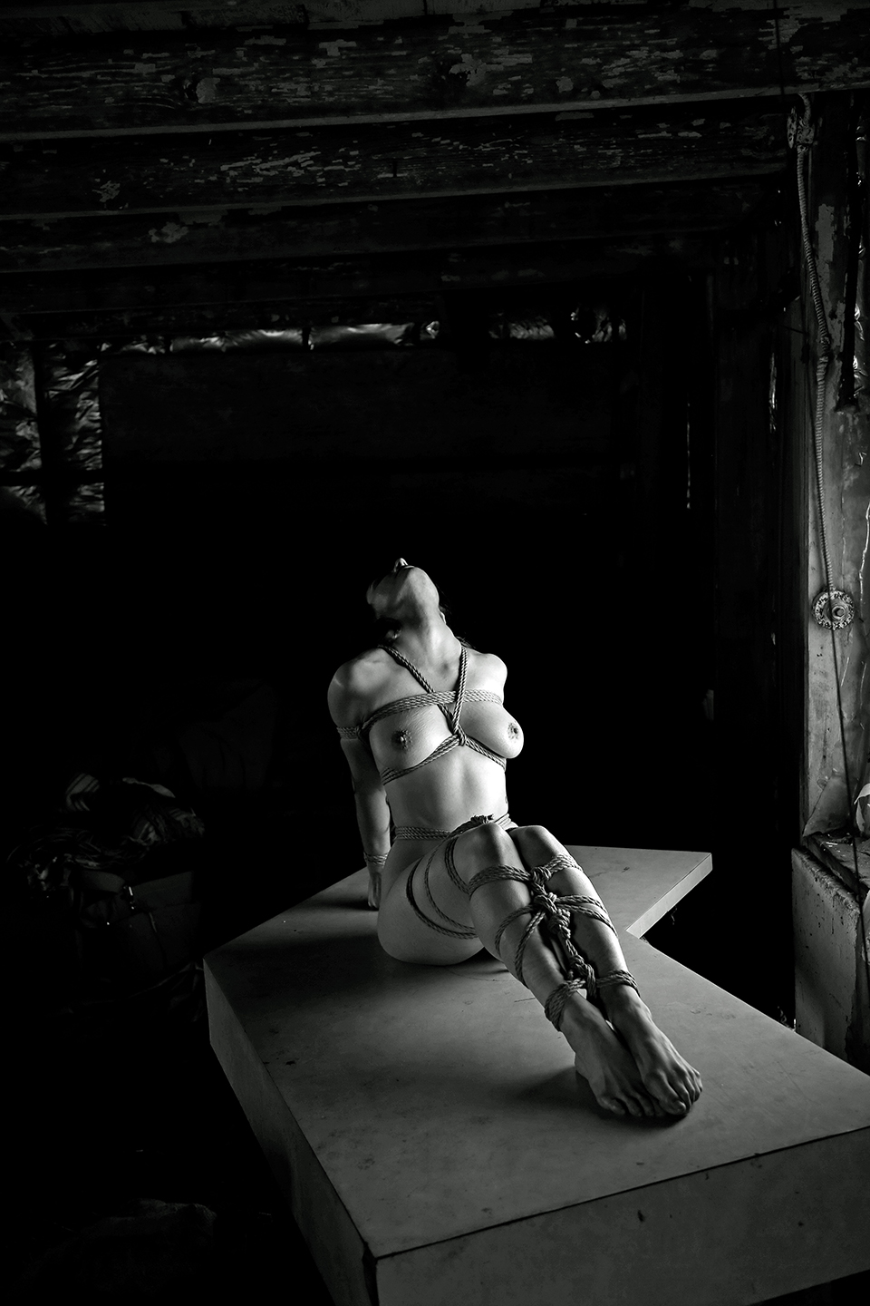 An anonymous person in rope lounges with their head thrown back in ecstasy.