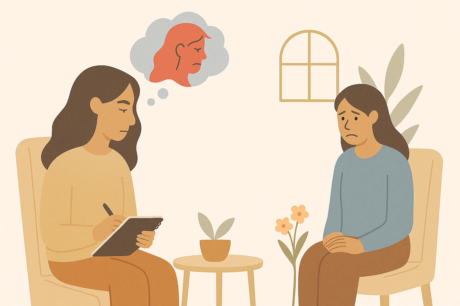 a therapist sits across from her client, with the inner critic over her shoulder