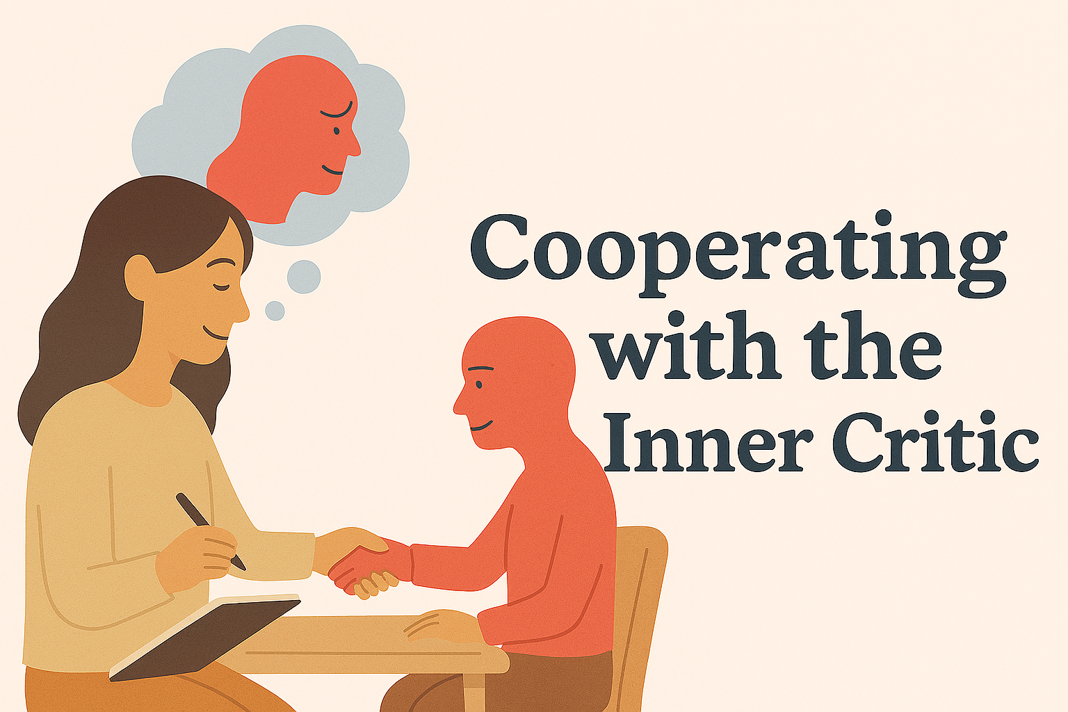 a therapist writes notes in one hand and shakes hands with her inner critic with the other