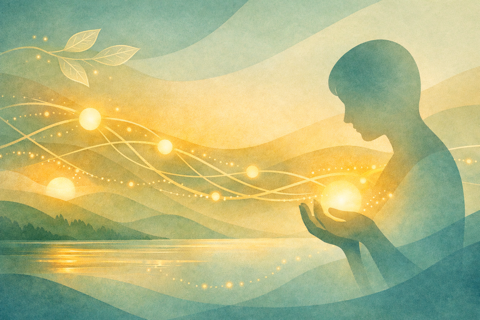 flwoing lines and soothing blue abstract landscape with silhouette of a person holding light, representing learning to calm anxieyt