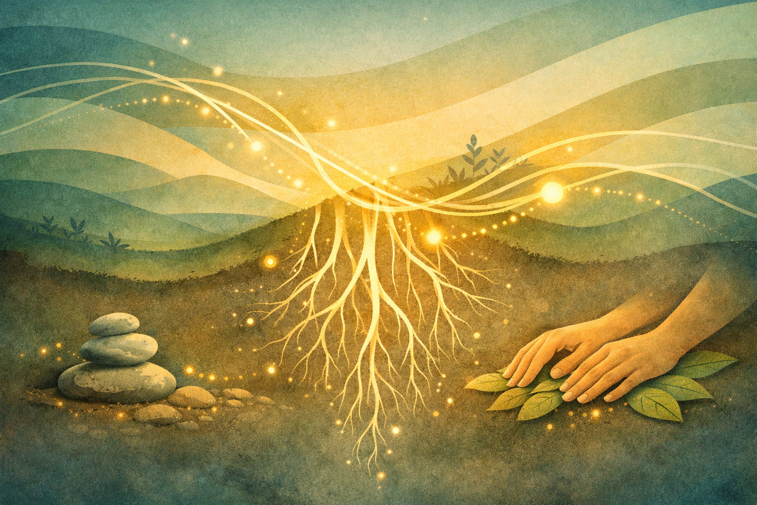 abstract image with soft lines and hands in teh ground to represent anxiety groudning strategies