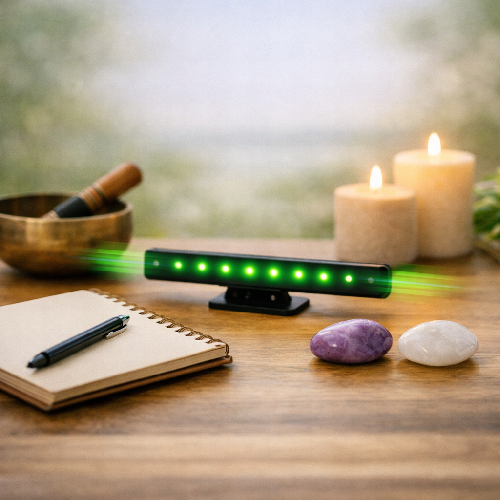 an emdr lightbar sits on a table in soft light