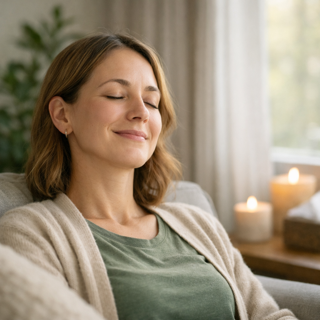 A woman looks contented after her EMDR session