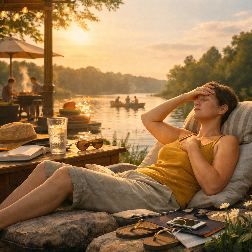 Woman reclining outdoors at a lakeside sunset gathering, eyes closed with one hand on her forehead, appearing tired and overwhelmed despite the relaxed summer setting.
