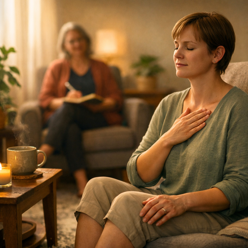 Woman practicing a grounding breath exercise with her hand on her chest during a therapy session, with her therapist visible in the background taking notes