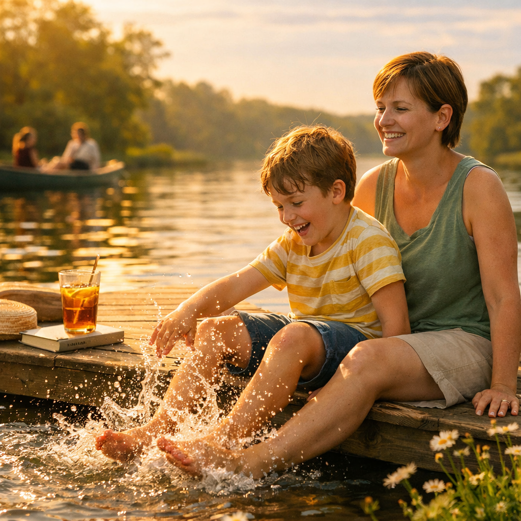Mother and son laughing and splashing their feet in a lake at sunset, a moment of calm connection and nervous system regulation