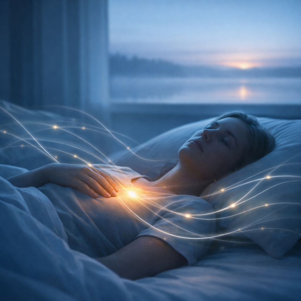 Person lying in bed at dawn with soft glowing light at chest and flowing lines of energy, symbolizing nervous‑system activation