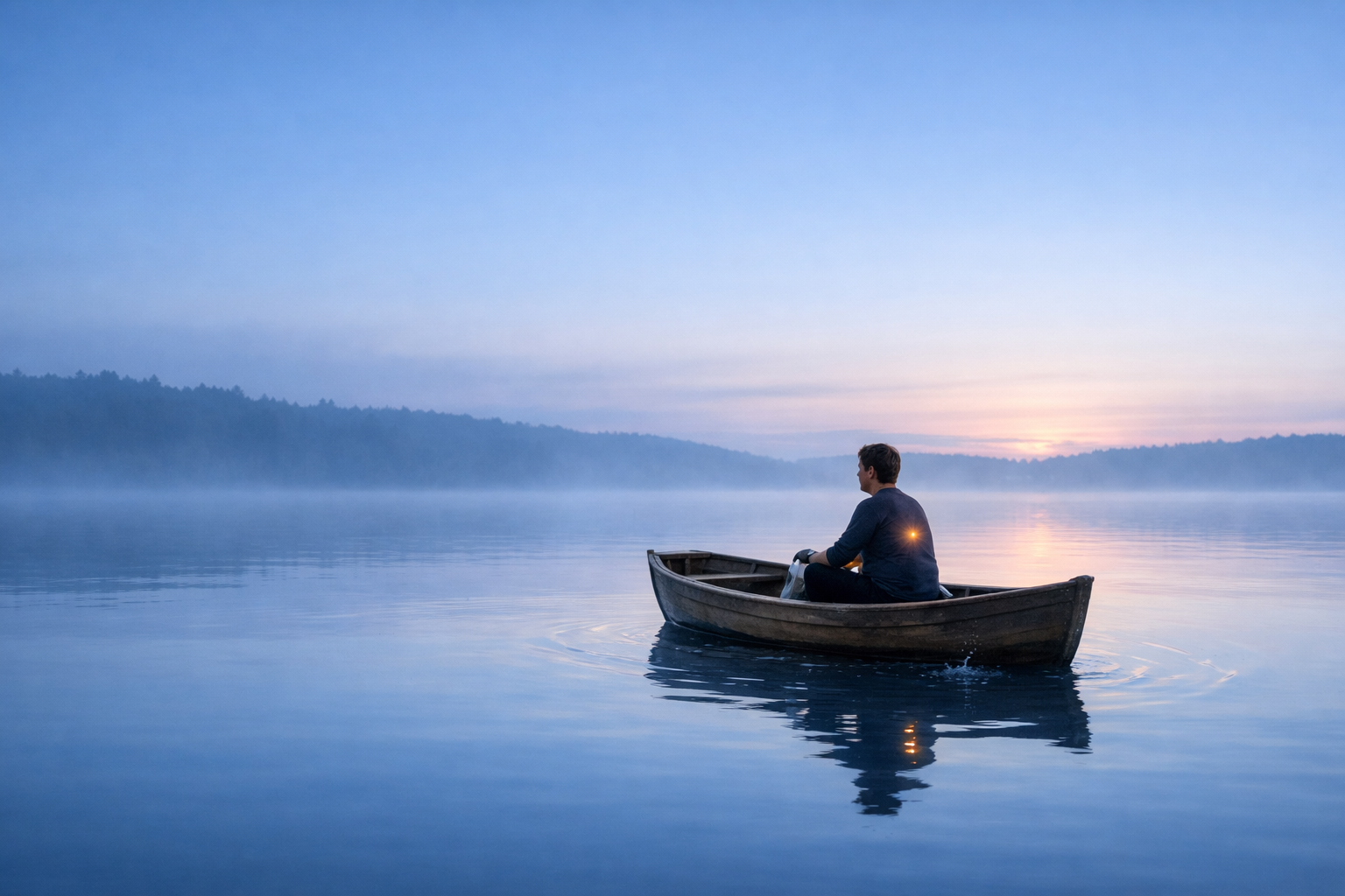 Person sitting calmly in wooden boat on still lake at sunrise, symbolizing nervous‑system integration and rest.