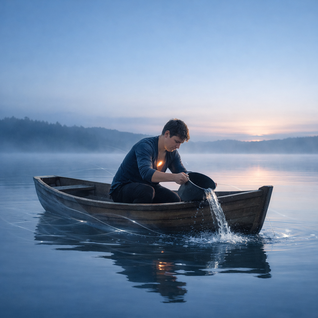 Person in wooden boat at dawn bailing water with bucket, symbolizing coping through constant motion.”