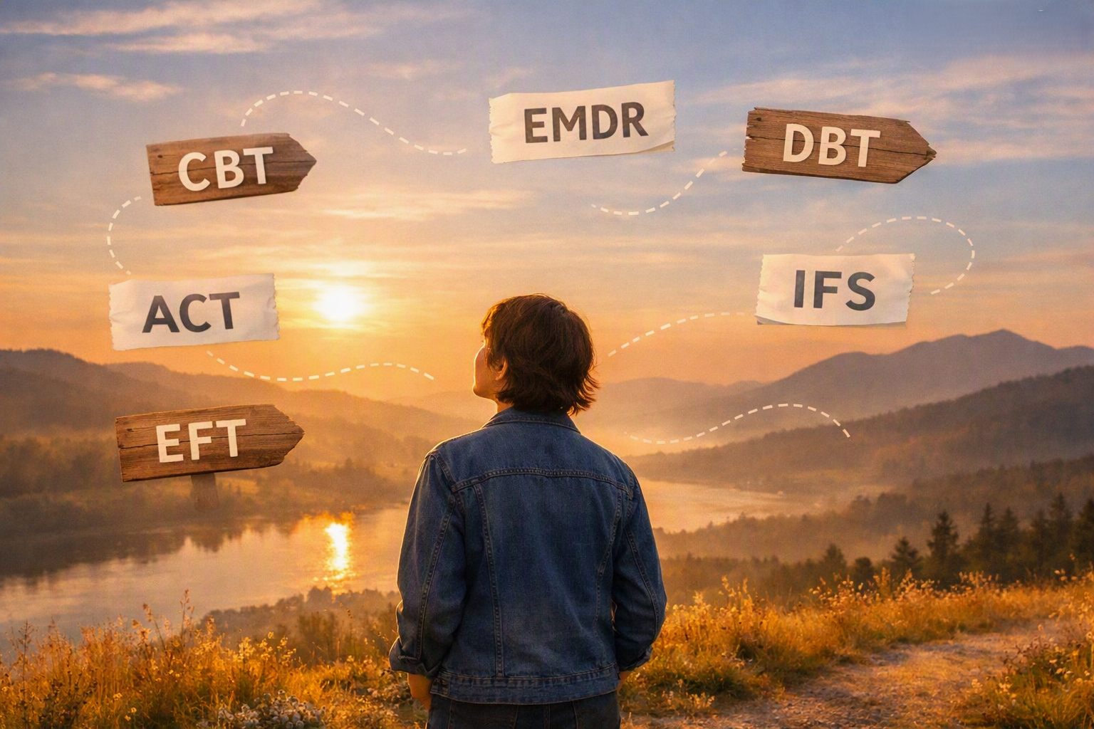 Woman looks with confusion at acronyms of various types of therapy