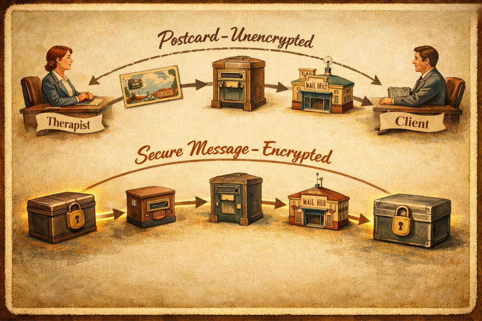 a postcard passing through three or four "post office" servers on its way from therapist to client, beside a locked box making the same trip.