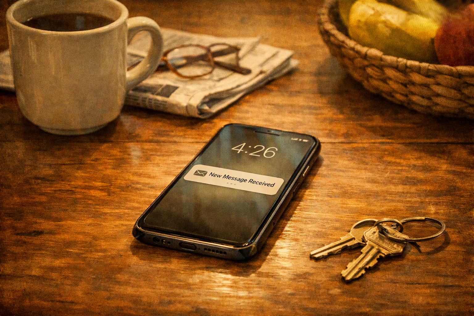 a phone on a family dining table shows a notification as a potential privacy breach