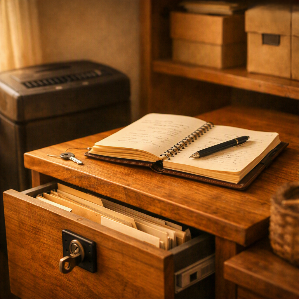 an open notebook and an unlocked file cabinet in an office showing poorly secured confidential information