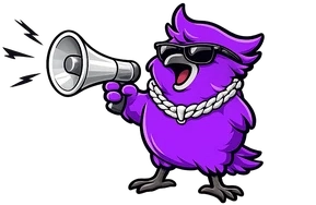 Purple bird with sunglasses and chain necklace shouting into a megaphone.