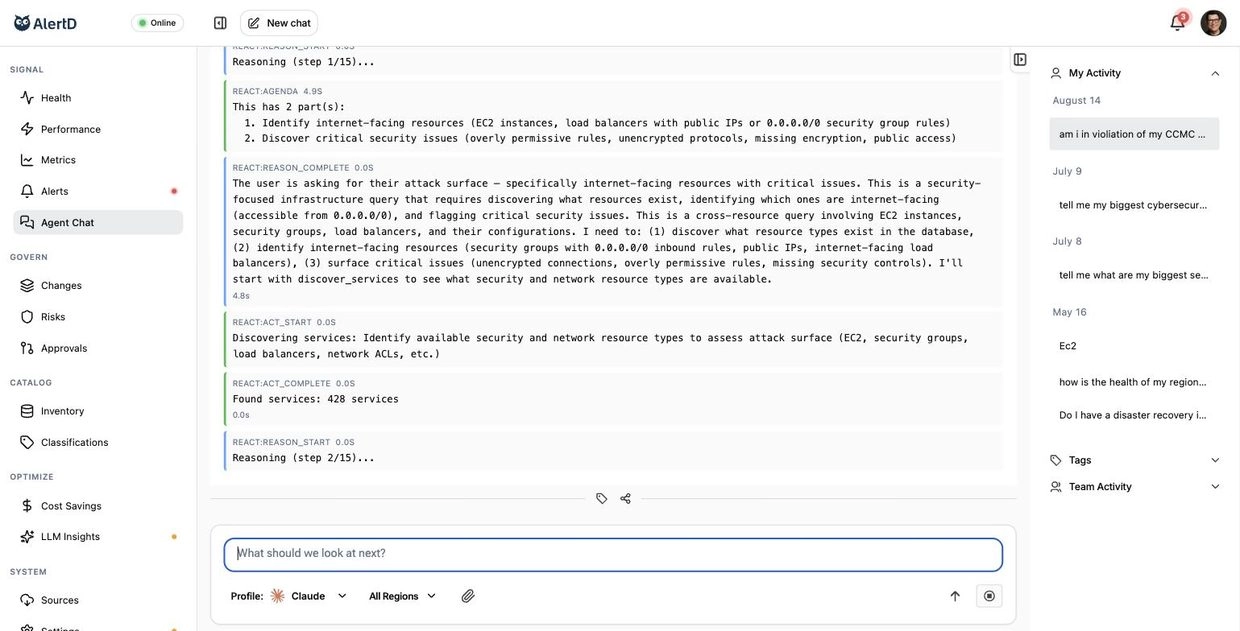 AlertD interface showing agent chat with security query reasoning and discovered services in a text box.
