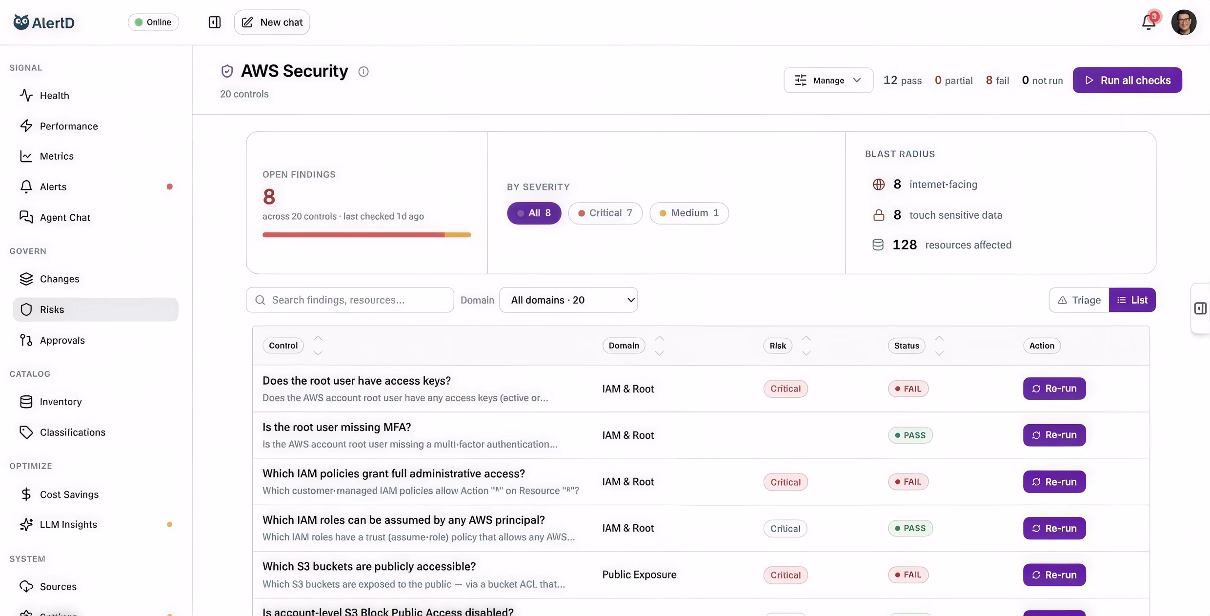 Dashboard showing AWS Security risks with 8 open findings, severity levels, blast radius, and re-run action buttons.