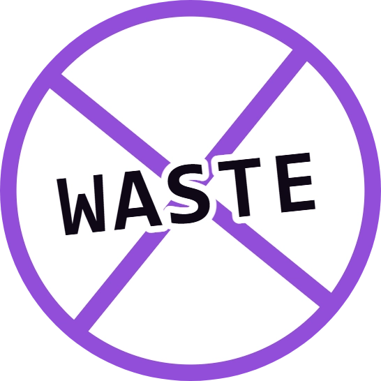 Circle with purple border and diagonal lines crossing over the word WASTE.