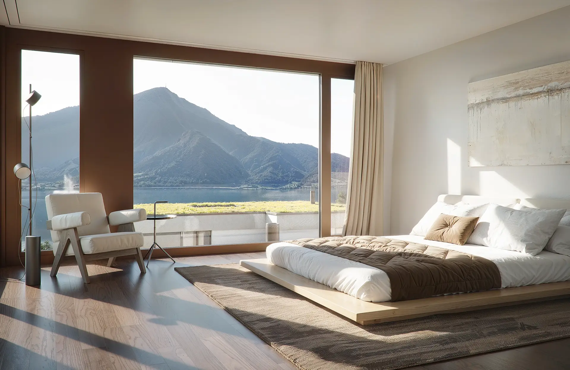 Visualisierung des Schlafbereichs mit Blick aus dem Fenster in Richtung Rigi und See.