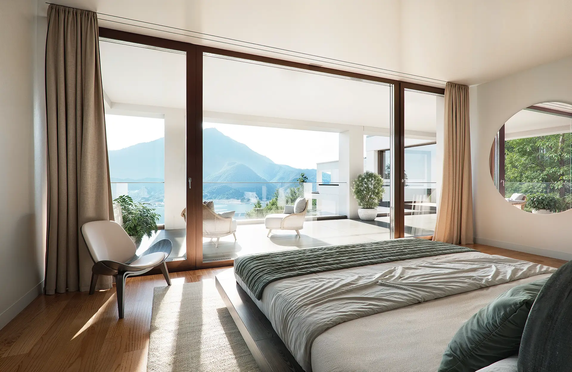 Visualiserung des Scchlafbereichs mit angrenzender Terrasse und Bergpanorama.