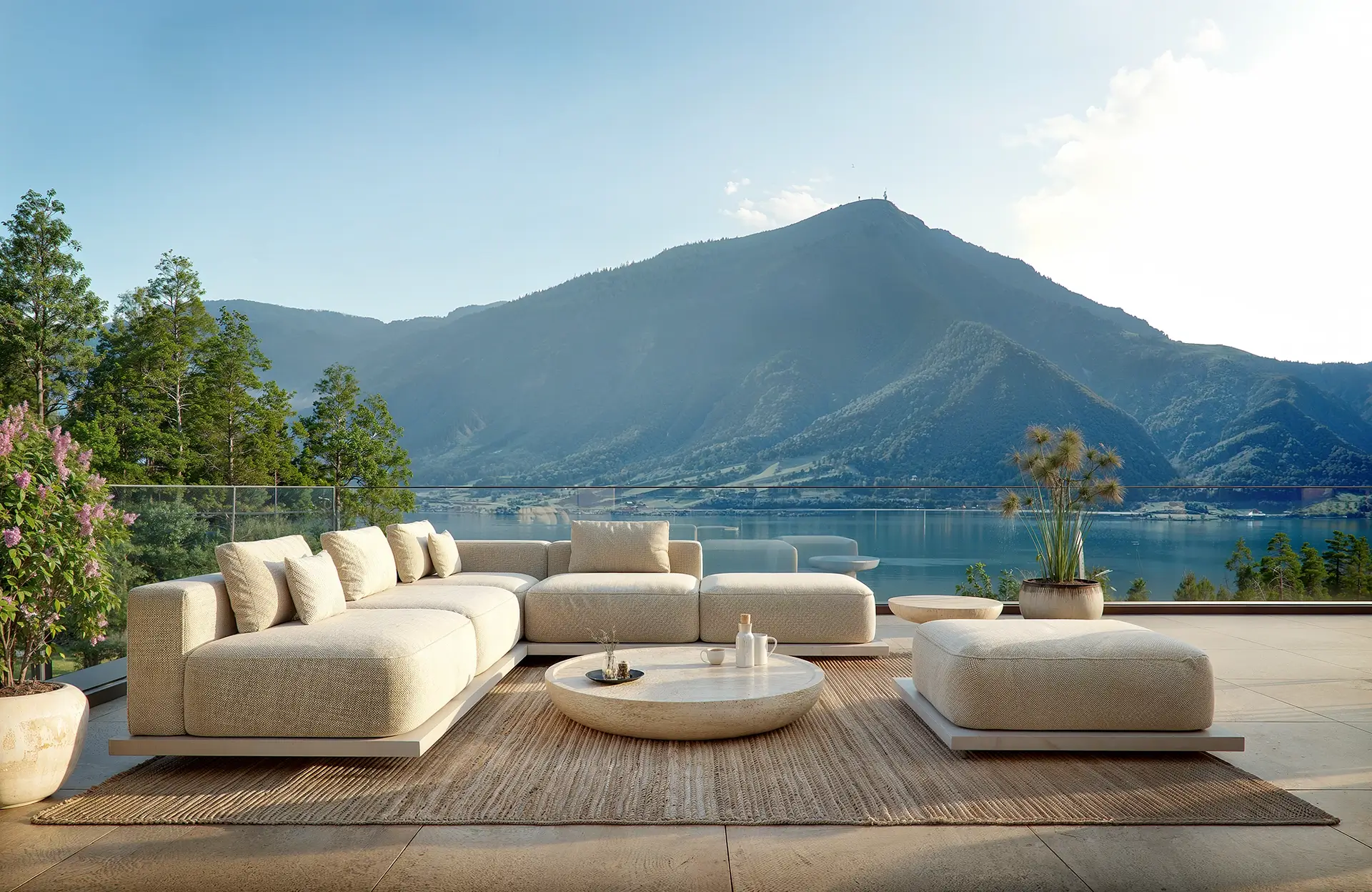 Outdoor Couch im Vordergrund. Im Hintergrund Zugersee und Rigi .