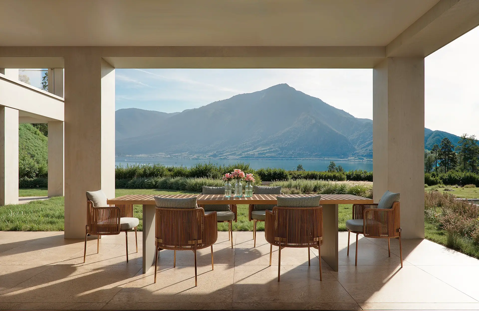 Terrasse einer Garden Duplex-Wohnung mit Blick auf den Rigi.
