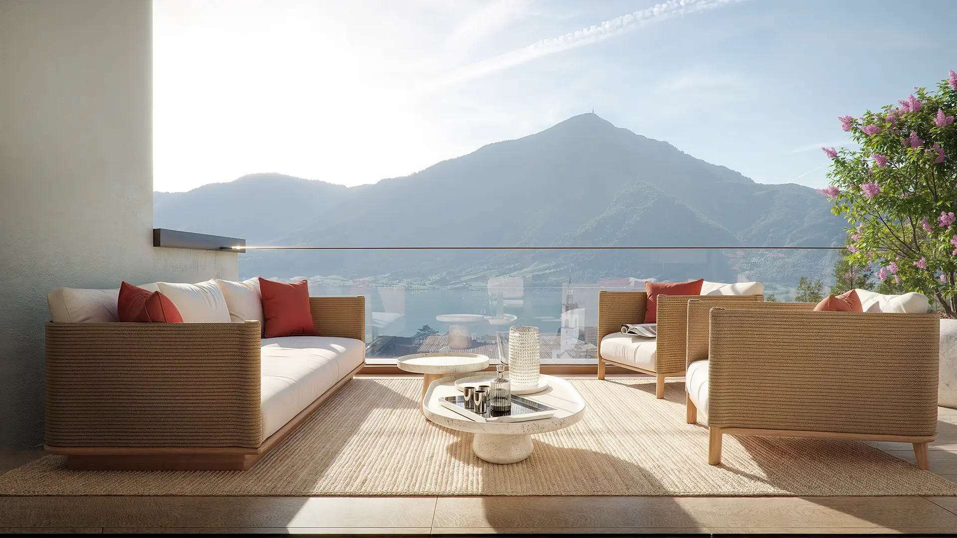 Terrasse eines Triplex-Hauses mit Blick auf den Rigi.