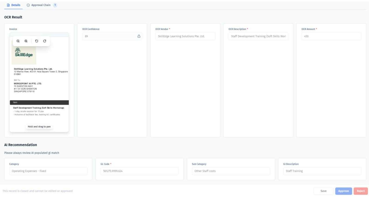 OCR invoice automation with AI-generated GL code mapping, vendor detection, and approval workflow