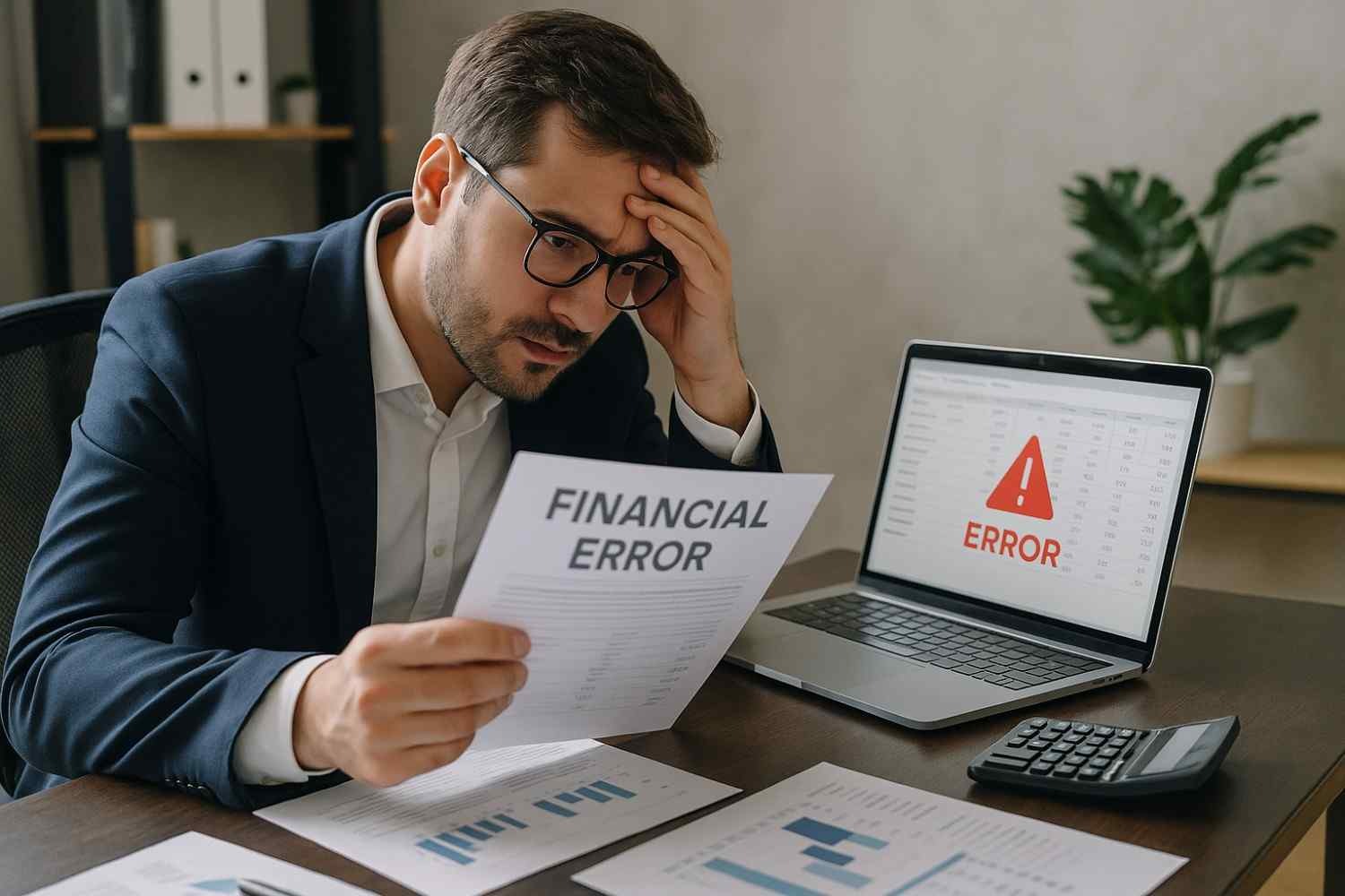 a stressed man in finance team with finance errors; needs ai automation