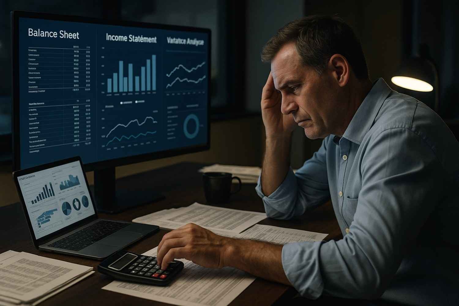 a man in finance team having problems and needs ai automation