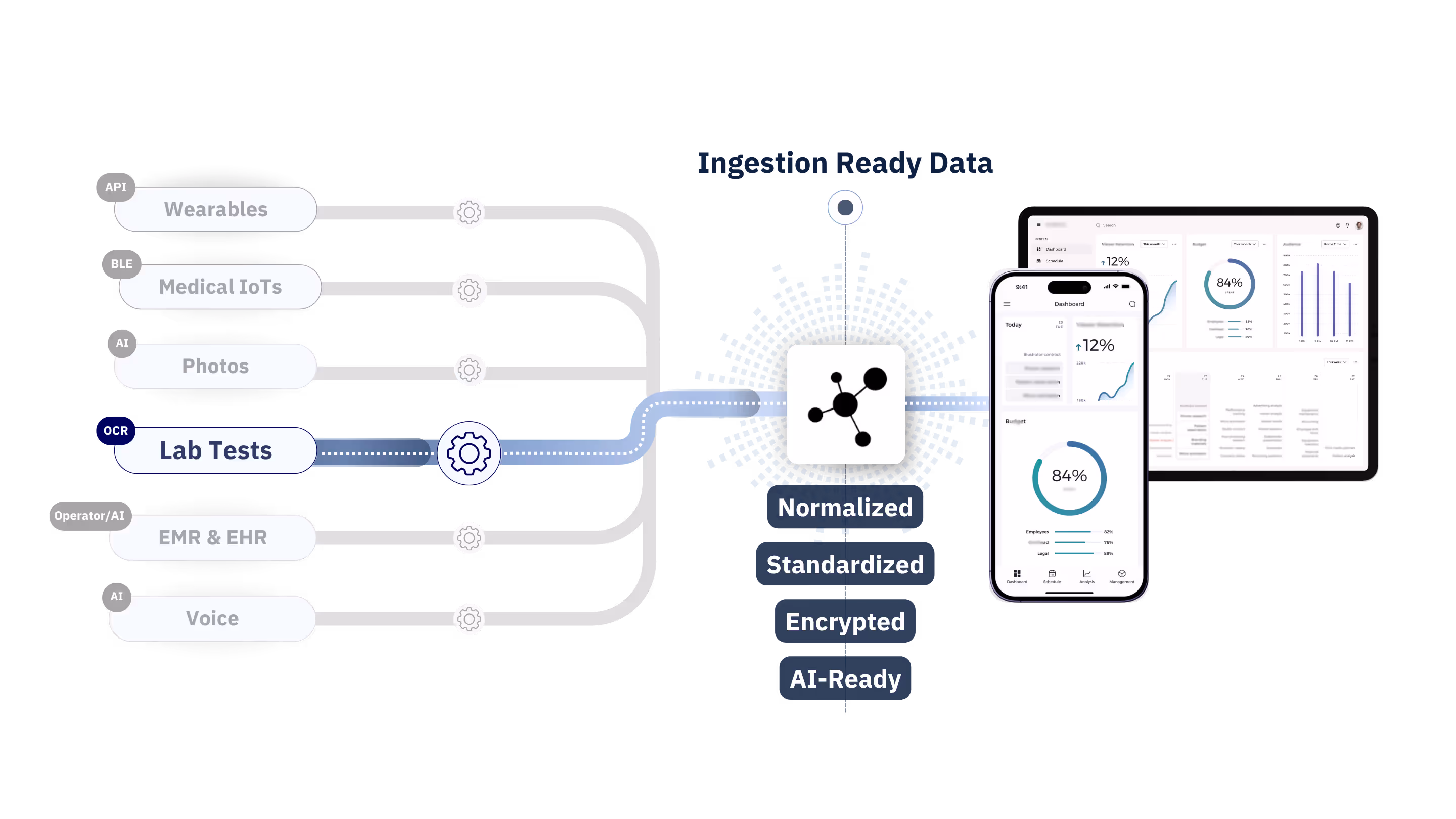 A visual flowchart showing how lab tests data is transformed into standardized, encrypted, AI-ready data via SPIKE API for use in digital health applications.