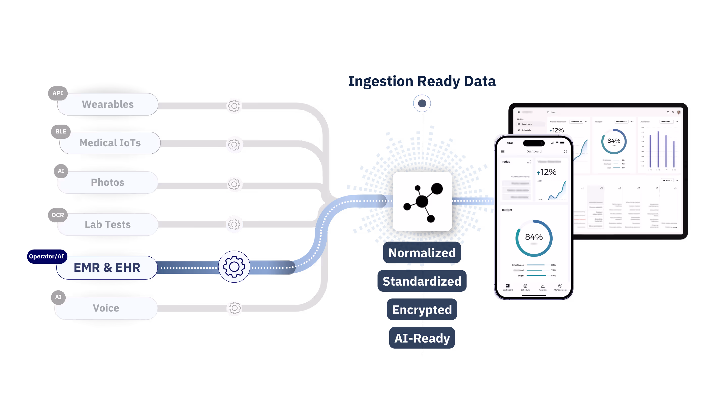 A visual flowchart showing how EMR & EHR data is transformed into standardized, encrypted, AI-ready data via SPIKE API for use in digital health applications.