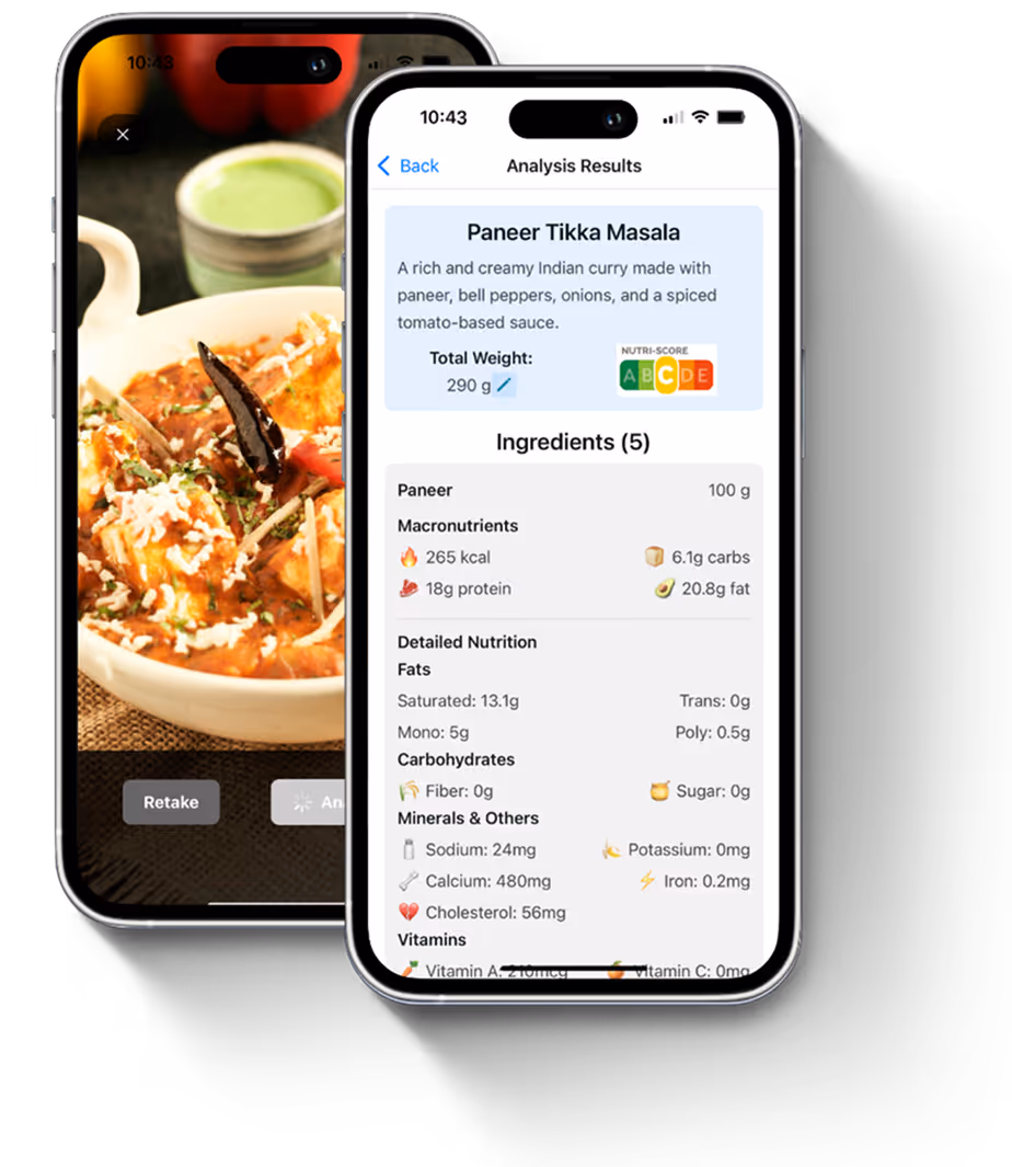 Nutrition facts panel generated using Spike AI Nutrition Scanner for a plate of pancakes with syrup, showing data like calories, sugar, and fiber content.