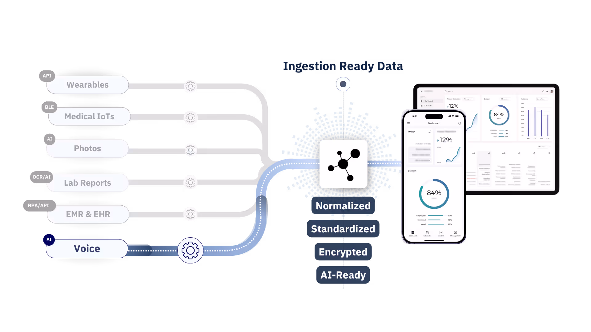 Diagram showing data sources including Wearables, Medical IoTs, Photos, Lab Reports, EMR & EHR, and Voice feeding into a central system where data is normalized, standardized, encrypted, and AI-ready, displayed alongside mobile and desktop dashboards.