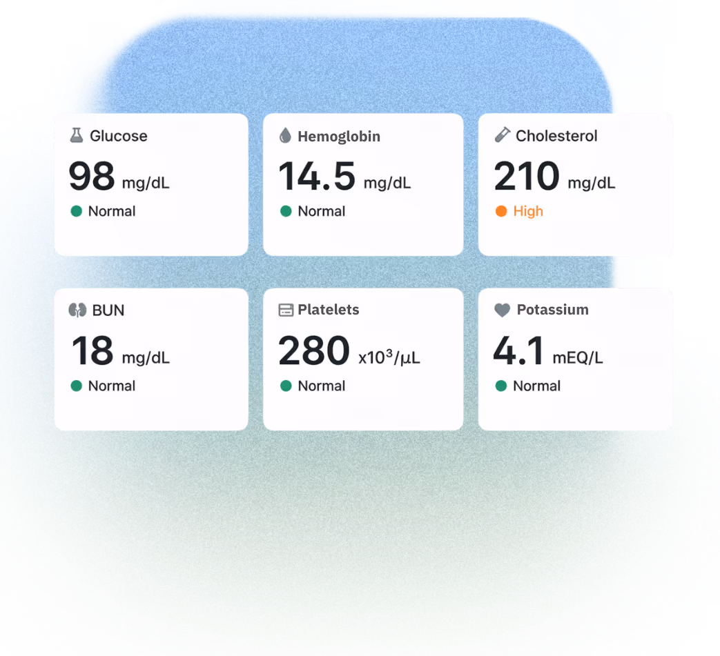 Health metrics dashboard showing glucose 98 mg/dL normal, hemoglobin 14.5 mg/dL normal, cholesterol 210 mg/dL high, BUN 18 mg/dL normal, platelets 280 x10³/μL normal, and potassium 4.1 mEQ/L normal.