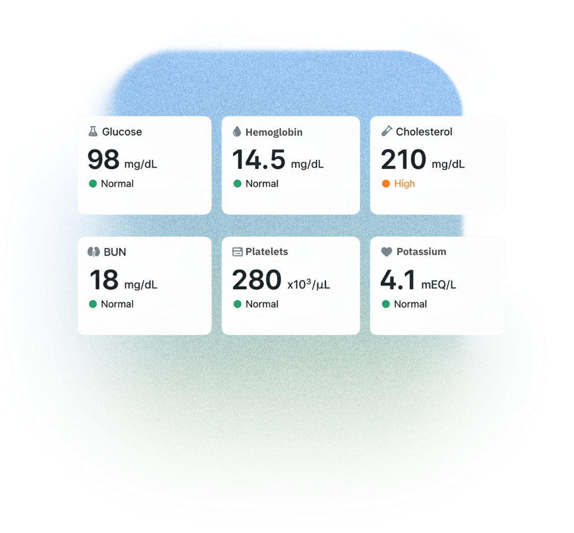 Health metrics dashboard showing glucose 98 mg/dL normal, hemoglobin 14.5 mg/dL normal, cholesterol 210 mg/dL high, BUN 18 mg/dL normal, platelets 280 x10³/μL normal, and potassium 4.1 mEQ/L normal.