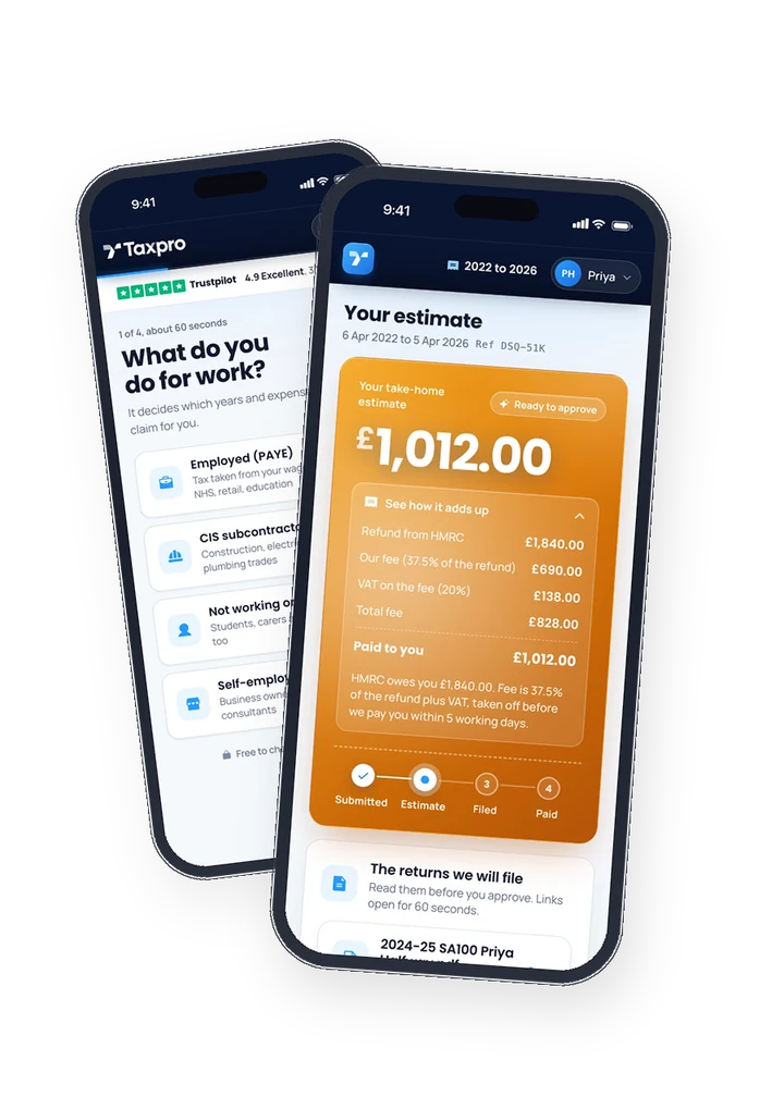 The Taxpro app: the 60-second check and your estimate, with the fee shown before you approve