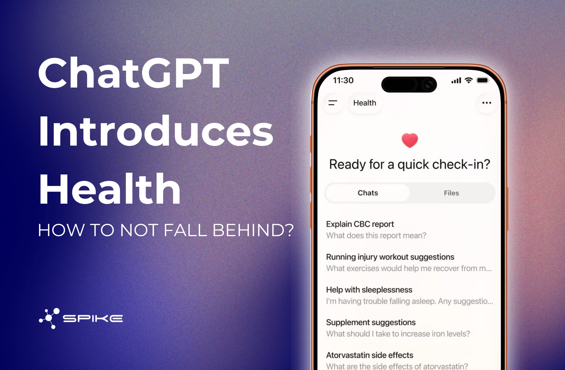 graphic showing a smartphone screen with a ChatGPT Health feature. Text reads: 'ChatGPT Introduces Health — How to Not Fall Behind.' The phone screen displays a prompt for a quick health check-in, with options to input symptoms or track health
