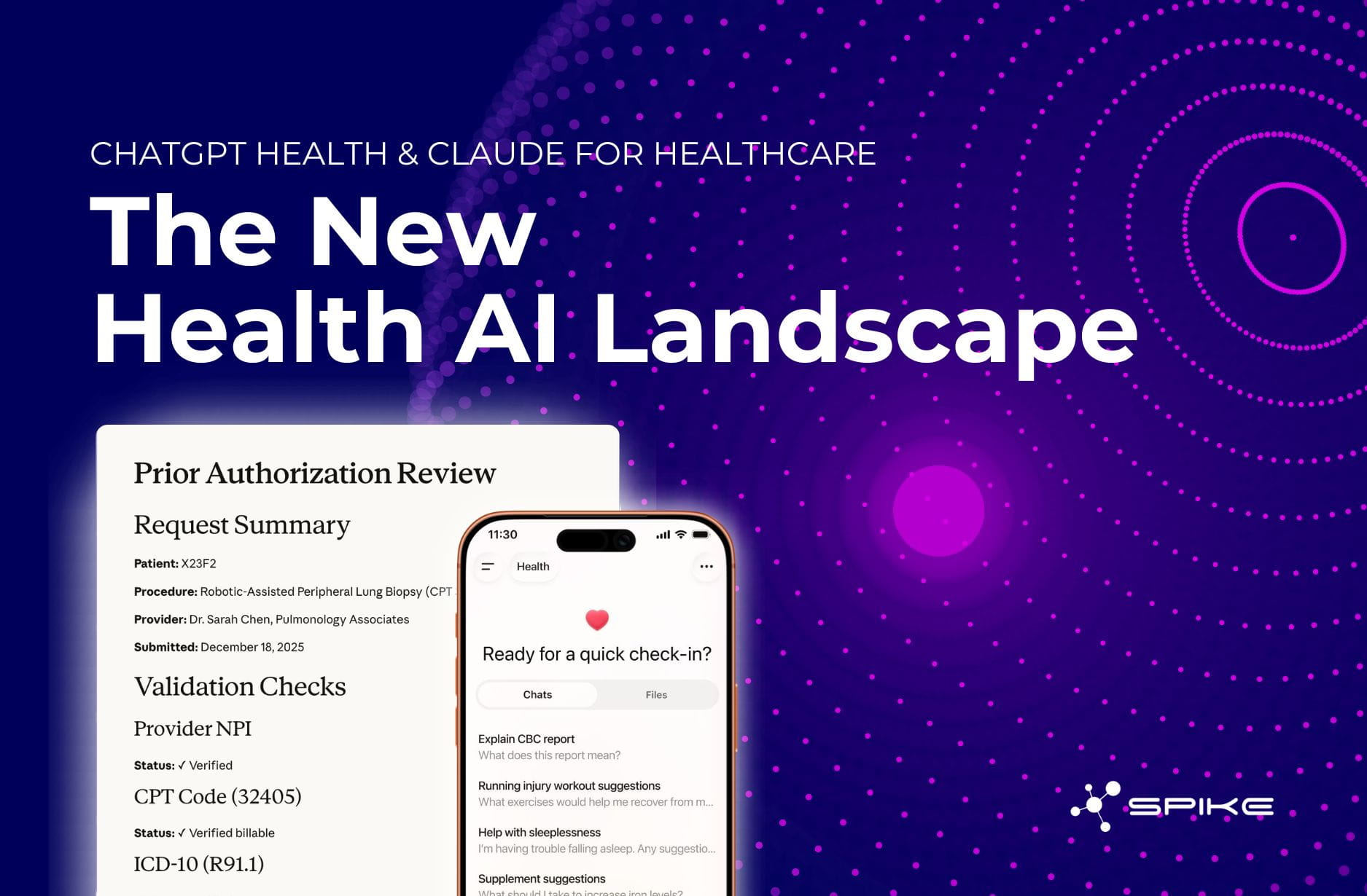 White text reading 'CHATGPT HEALTH & CLAUDE FOR HEALTHCARE The New Health AI Landscape' with prior authorization form and smartphone showing health chat interface, Spike logo on purple background with pink dotted pattern