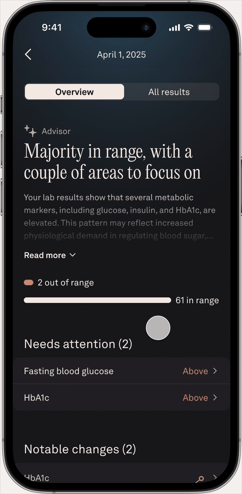Oura Health Panels interface showcasing correlation between different tests and giving personalized actionable advice