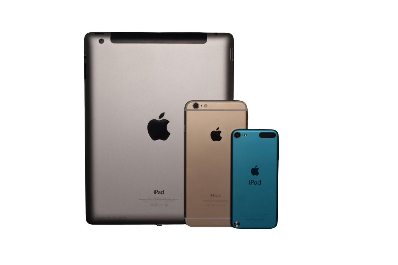 Back view of three Apple devices: a large silver iPad, a gold iPhone, and a small blue iPod.