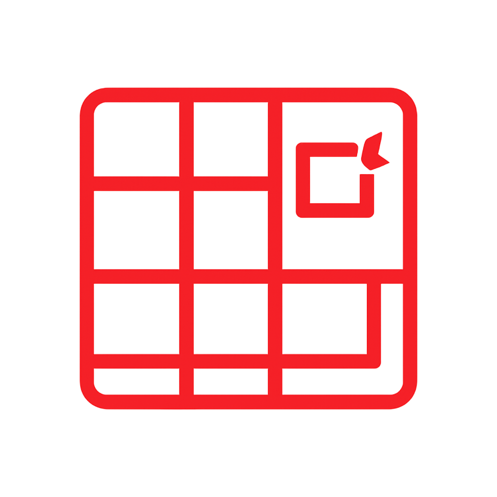 Red stylized grid with nine squares and a small square with a leaf shape near the top right corner.