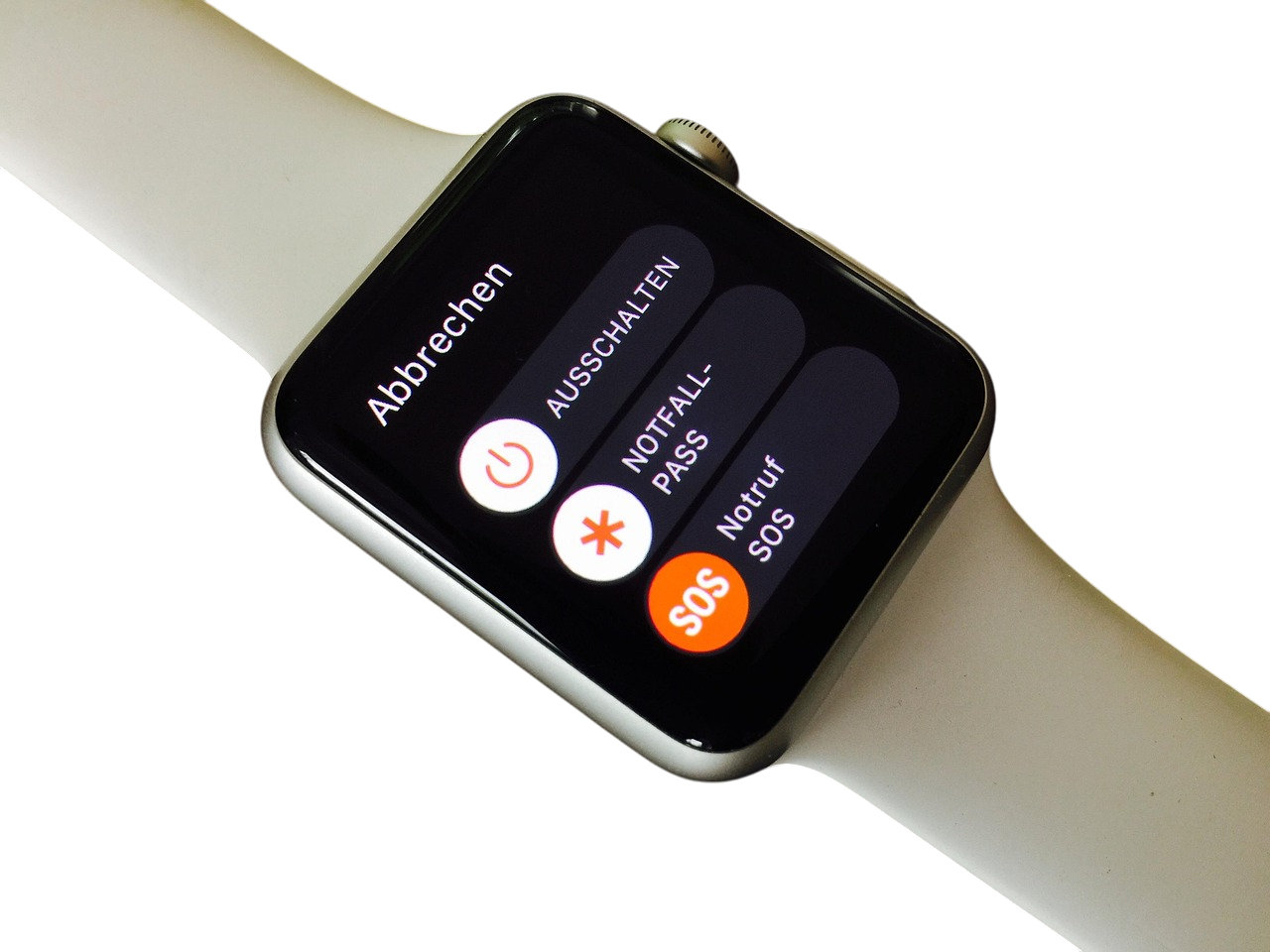 Smartwatch with white band displaying a German screen with options to power off, emergency pass, and emergency SOS.