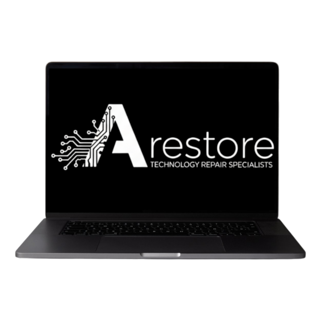 Open laptop displaying white text logo 'Arestore Technology Repair Specialists' with a circuit board pattern integrated into the letter A on a black screen.