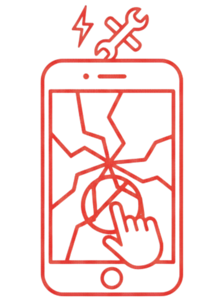 Red outline of a cracked smartphone screen with a crossed-out hand icon and wrench and lightning bolt symbols above the phone.