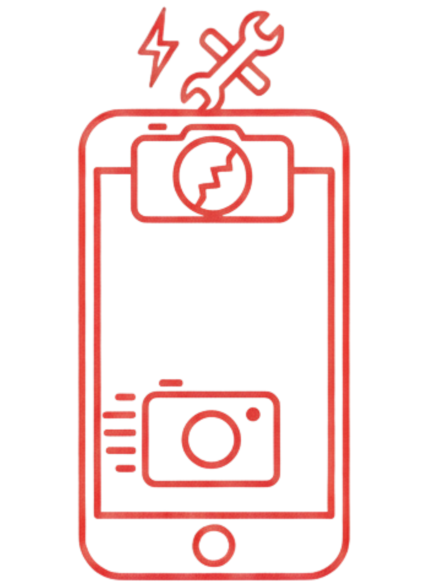 Red outline icon of a smartphone with a broken camera symbol, wrench, and lightning bolt indicating camera repair or troubleshooting.