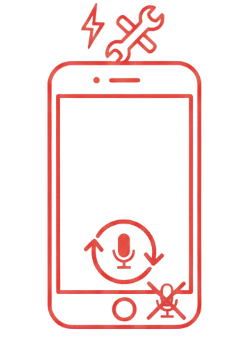 Red outline of a smartphone with a wrench and screwdriver crossed above, a microphone icon with circular arrows in the center, and a muted microphone icon at the bottom right.
