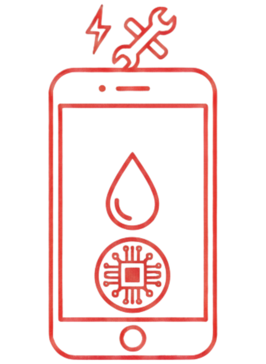 Red outline of a smartphone displaying a water droplet and a microchip icon, with a wrench and screwdriver crossed above it.