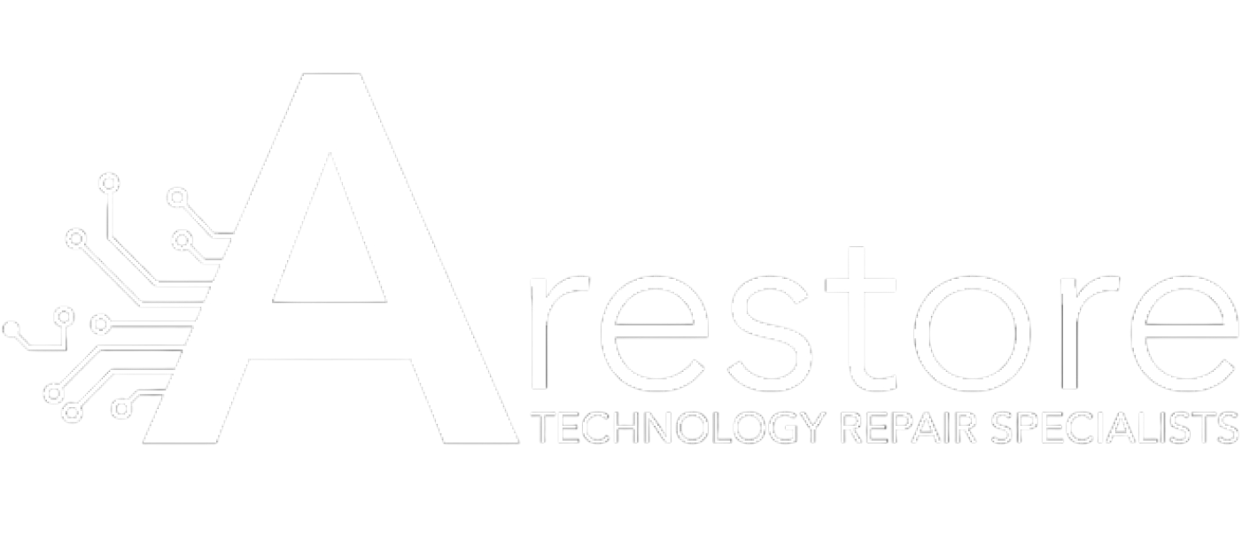 Logo with a large letter 'A' featuring circuit lines extending from the left, followed by the word 'restore' and the subtitle 'Technology Repair Specialists'.